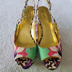 Nine West Open Toe Floral Print Sling Back Heels